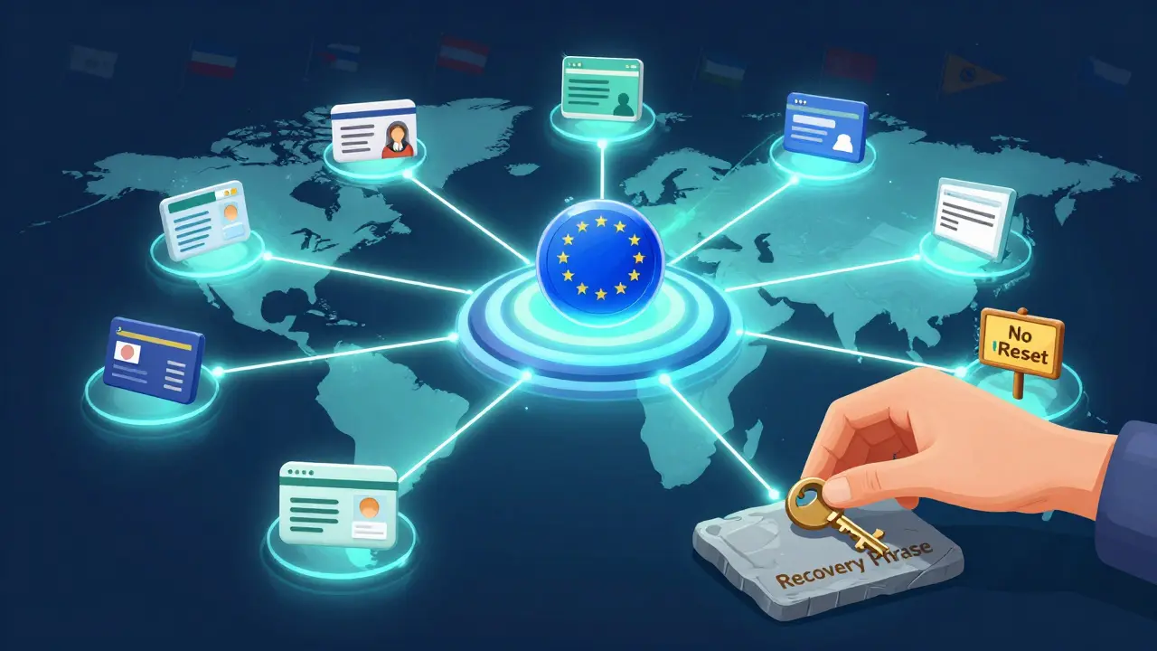 Globales Netzwerk von digitalen Identitätskarten, verbunden durch einen Universal Resolver mit Warnhinweis für Recovery-Phrase.