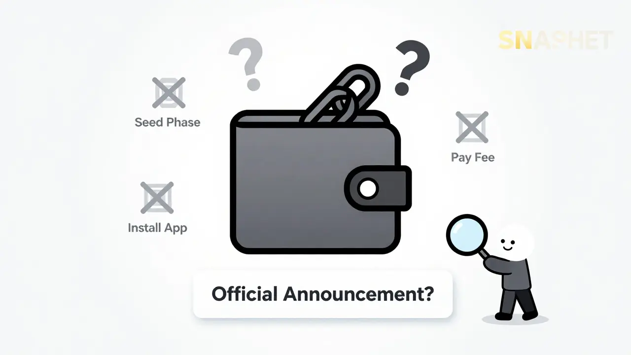 Leere Wallet über Blockchain mit abgelehnten Betrugsmethoden und einem unvollständigen offiziellen Ankündigungszettel.