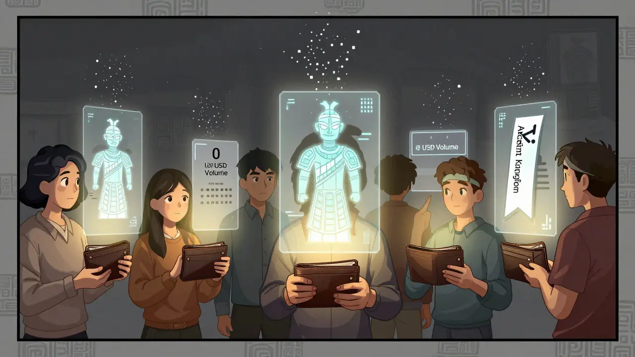 Menschen mit leeren Brieftaschen, die sich von verschwindenden Hologrammen verabschieden.