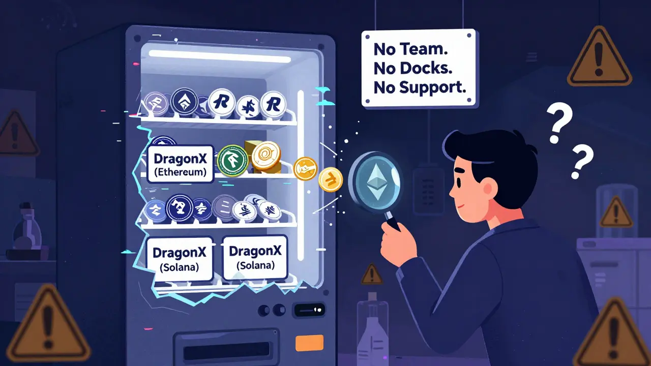 Nutzer versucht, DragonX über eine defekte Uniswap-Schnittstelle zu kaufen, während zwei verschiedene Token erscheinen.