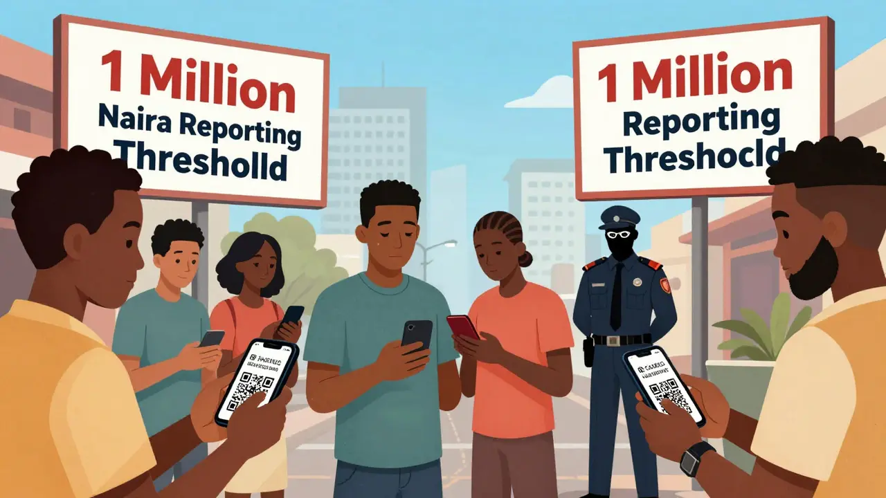 P2P-Kryptohandel auf einem Lagos-Markt, Menschen tauschen QR-Codes, während Behörden im Hintergrund überwachen.