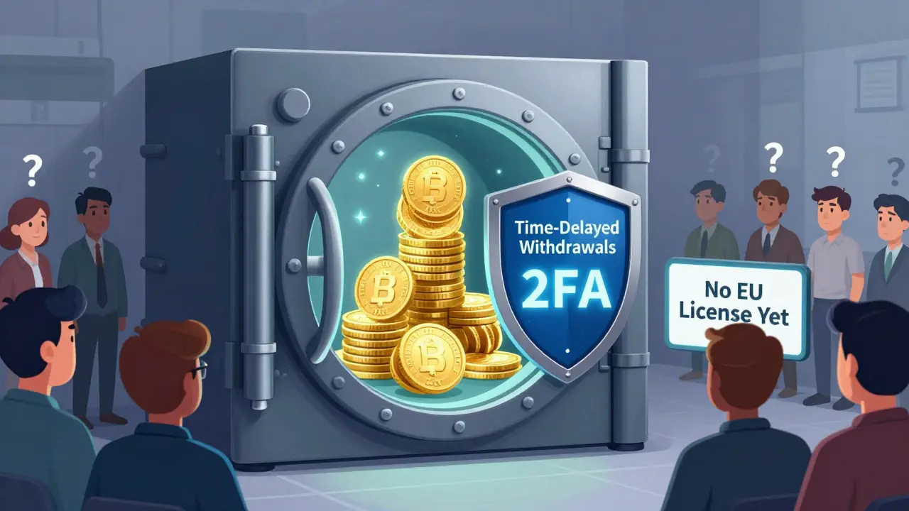 Sichere Vault mit BXY-Token, bewacht von Sicherheitsmerkmalen, neben einem Warnschild ohne Lizenz.