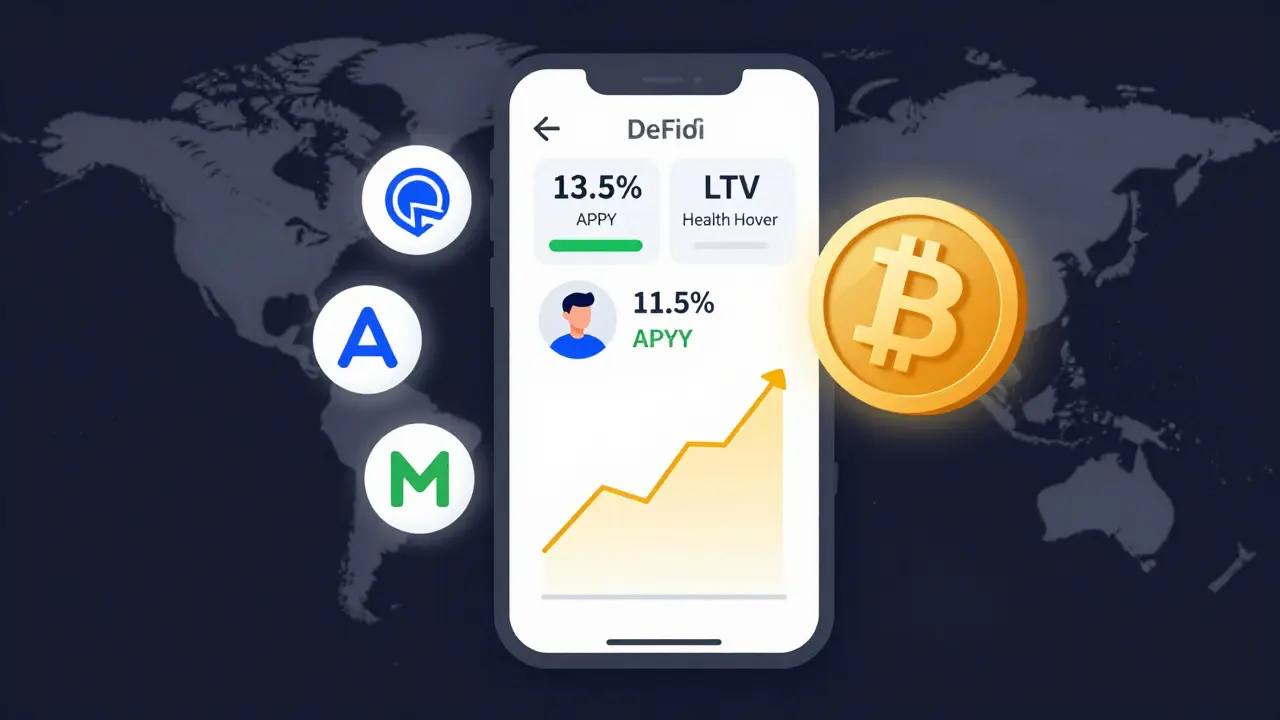 Smartphone-Interface einer DeFi-App mit Zinsen und Kreditstatus für Anfänger.