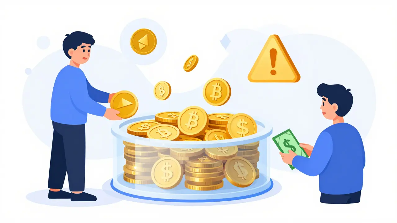 Transparenz-Animation eines Kreditpools mit automatischer Versteigerung bei fallender Sicherheit.