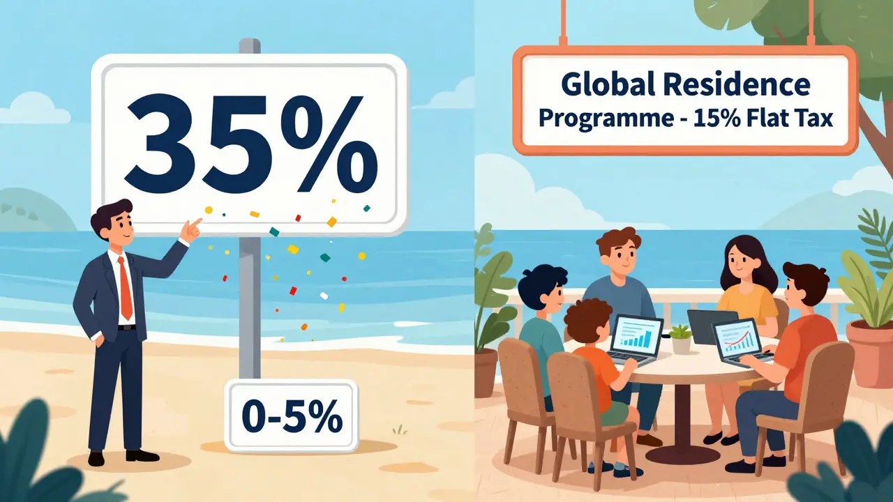 Unternehmer feiern niedrige Steuern in Malta, während eine Familie am Meer Krypto-Graphen betrachtet.