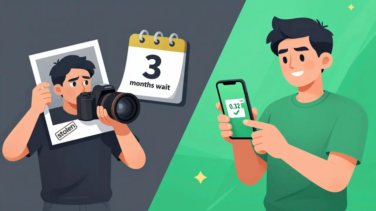 Vergleich: Monatelanges Warten auf offiziellen Urheberrechtsschutz vs. sofortige Blockchain-Registrierung.