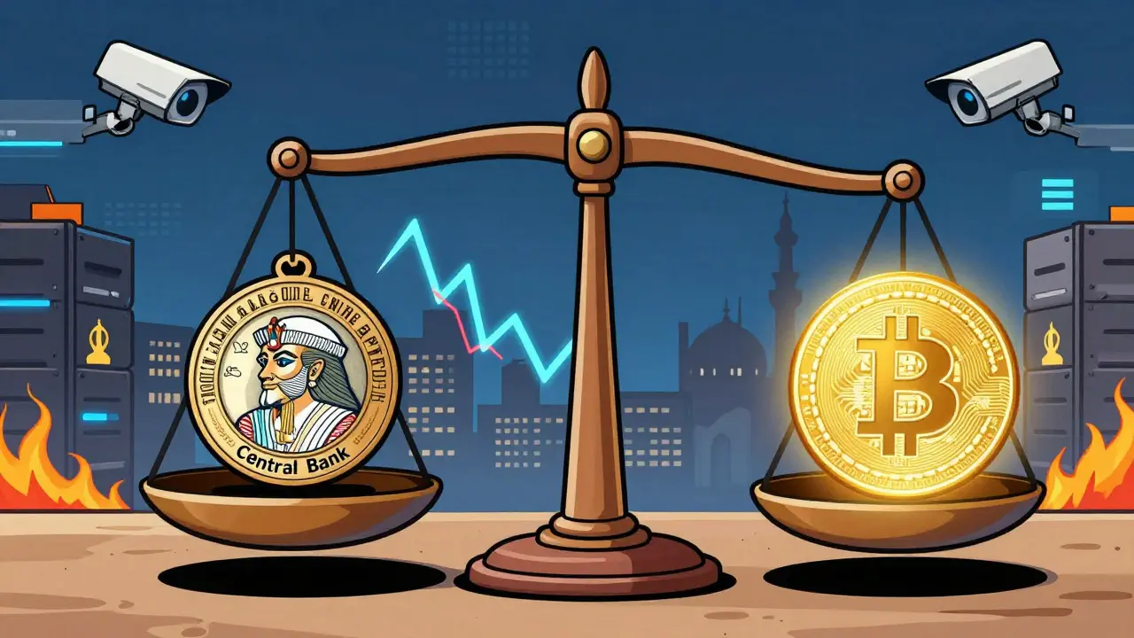 Waage mit ägyptischem Pfund gegen Bitcoin, umgeben von Inflation, Religion und digitaler Überwachung.