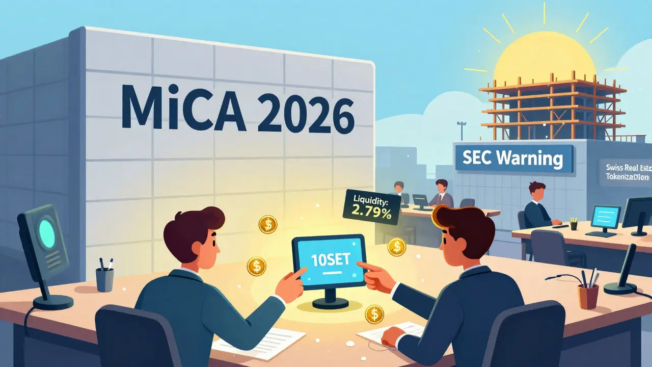 Zwei Trader handeln auf einer kleinen DEX-Plattform, während eine regulatorische Wand und ein unvollendetes Immobilienprojekt im Hintergrund stehen.