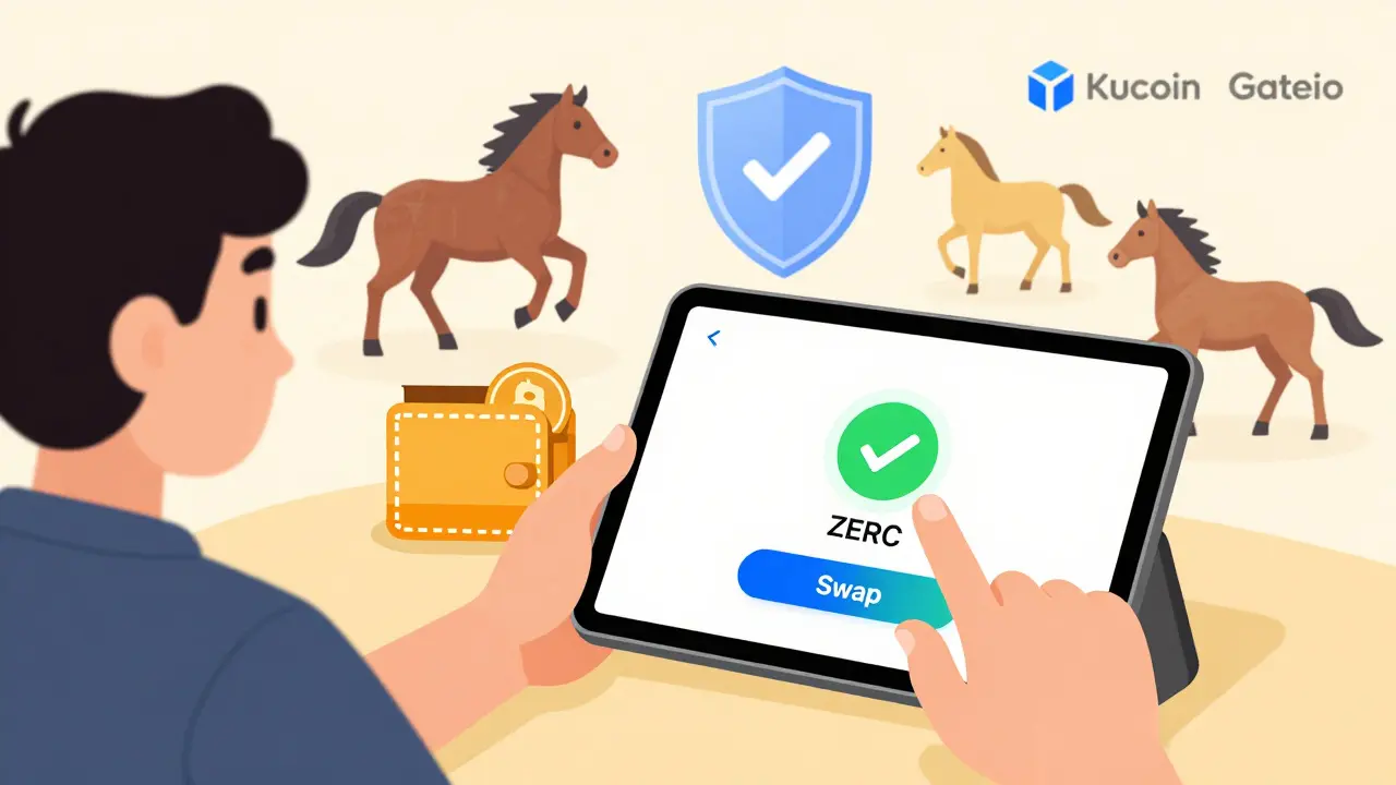 Benutzer tauscht DERC in ZERC mit einem Klick, während NFT-Pferde und sichere Blockchain-Symbole umgeben.