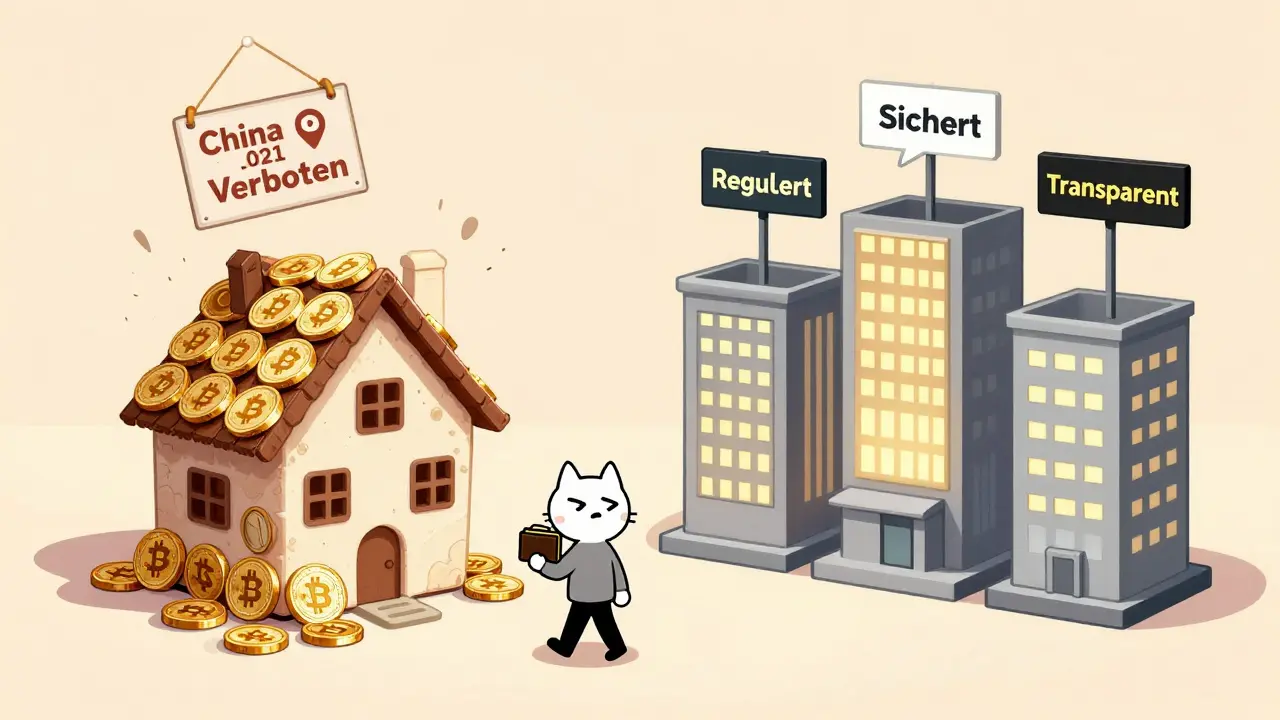 Cat.Ex als instabiles Haus neben sicheren, regulierten Börsen – ein Trader entscheidet sich für Sicherheit.