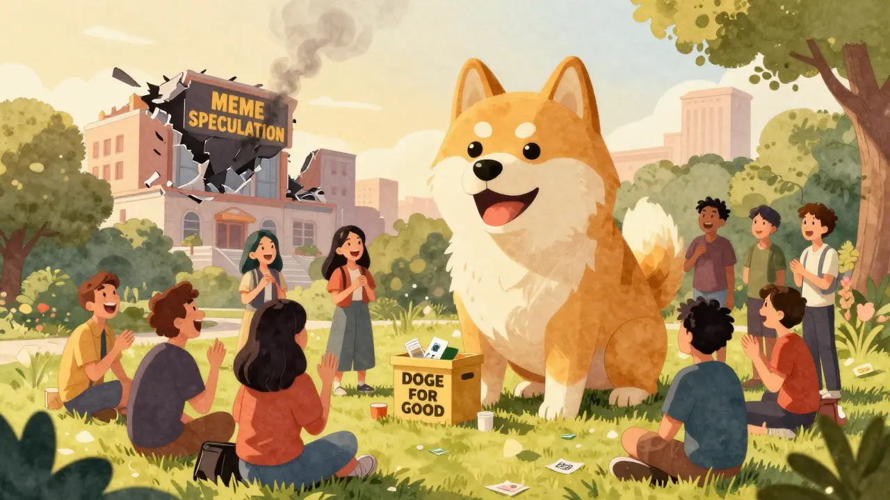 Community celebrates around a Dogecoin statue, donating to charity while a speculative casino fades away.