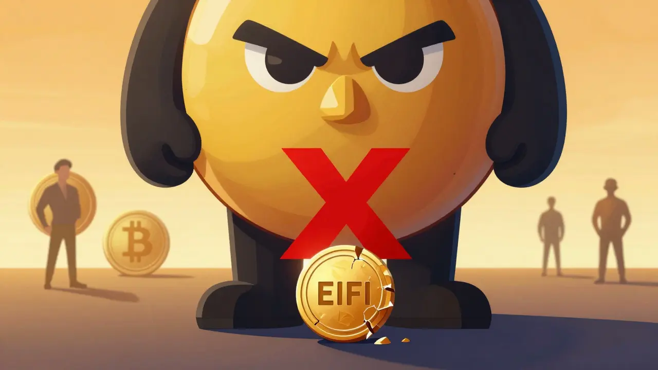 Die Binance-Logo mit einem roten X über dem winzigen, zerbrechlichen EIFI-Token, während andere Kryptowährungen sicher im Hintergrund stehen.