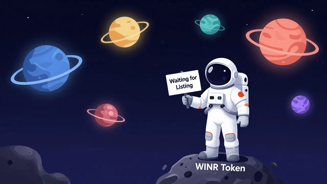 Ein Astronaut auf einem kleinen Asteroiden mit WINR-Token, blickt auf ferne, aktive Krypto-Planeten, während er auf ein Börsenlisting wartet.