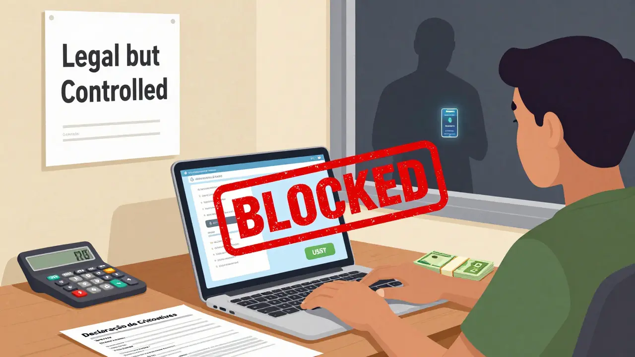 Ein Brasilianer mit einer blockierten Krypto-Wallet und einer Steuererklärung, während ein legaler Exchange sicher leuchtet.