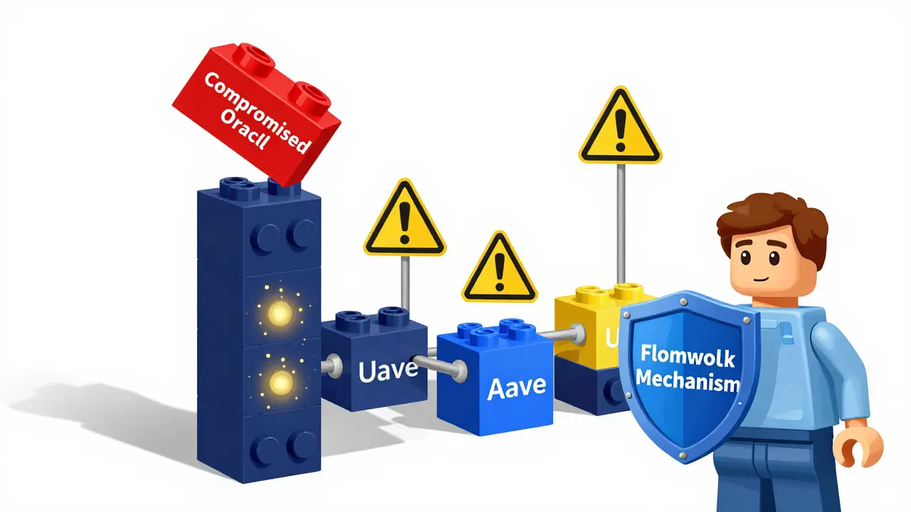 Ein gefährdeter Baustein löst eine Kettenreaktion in einem DeFi-System aus.