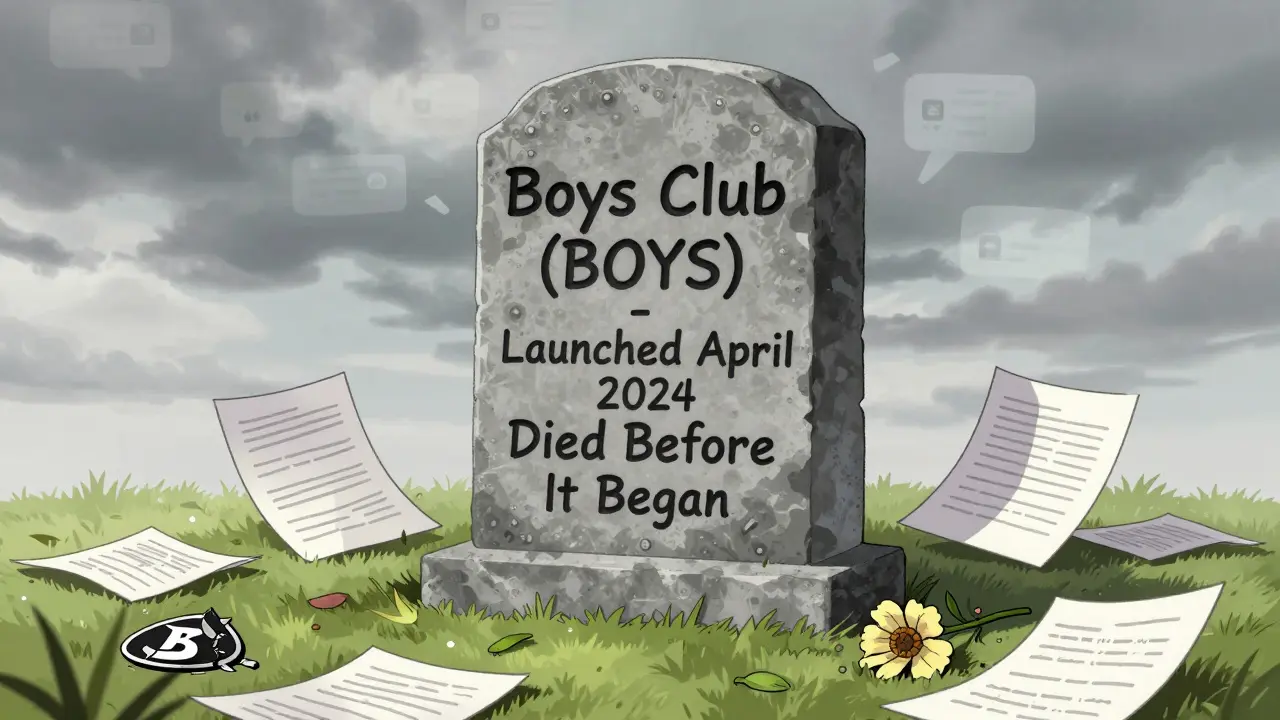 Ein Grabstein für Boys Club mit verstreuten Papieren und einer verwelkten Pepe-Blume, als digitales Relikt.