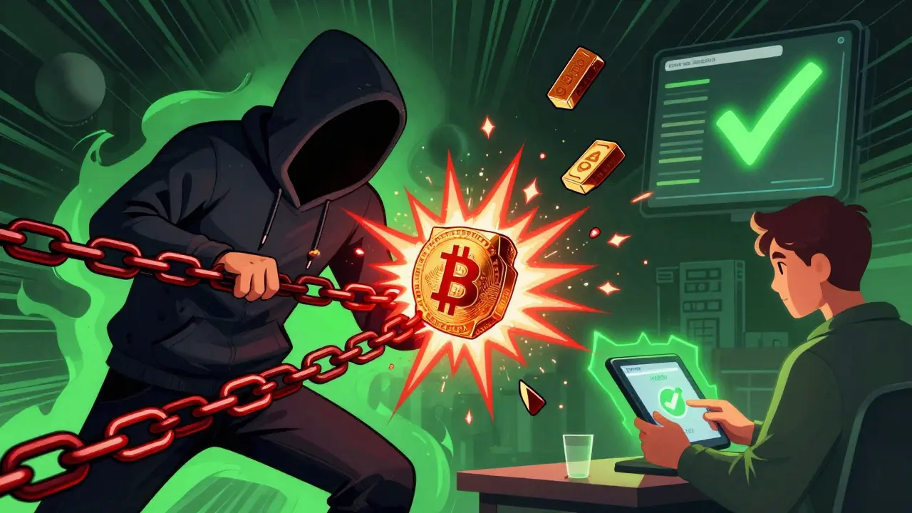 Ein Hacker versucht, einen Bitcoin-Block zu verändern, aber die Blockchain reagiert mit einer Explosion.