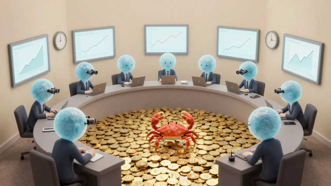 Ein Krabbe läuft über einen Handelsraum, in dem alle Trader erstarrt sind, während Quadrillionen winziger SNIBBU-Tokens unter ihm liegen.