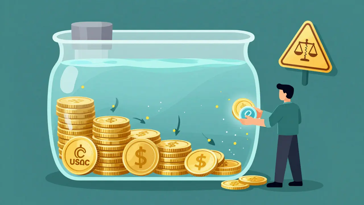 Ein leuchtender Liquidity-Pool mit AVAX und USDC, aus dem Gebührenmünzen fallen, während ein Trader LP-Tokens erhält.