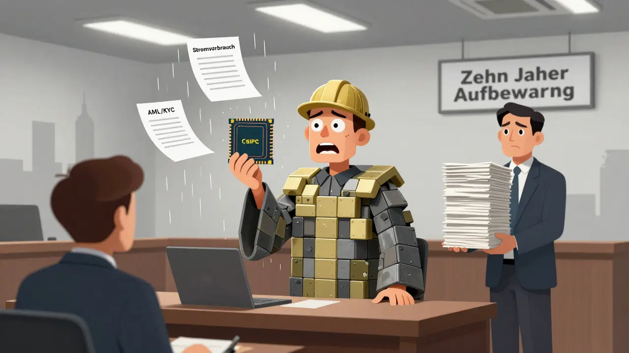 Ein Miner vor Gericht, dessen Beweis ein ASIC-Chip ist, während Dokumente wie Regen herabregnen.