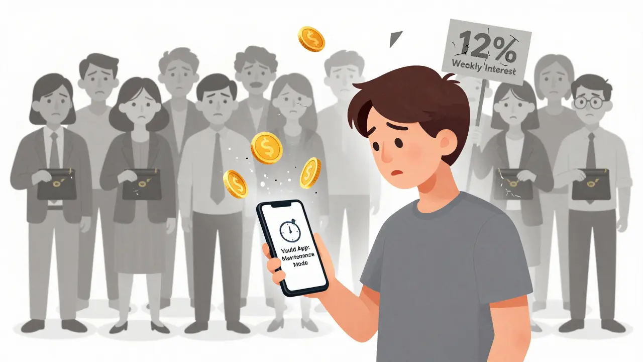 Ein Nutzer blickt auf eine eingefrorene App, während seine Kryptowährungen in Staub zerfallen und andere verzweifelt schauen.