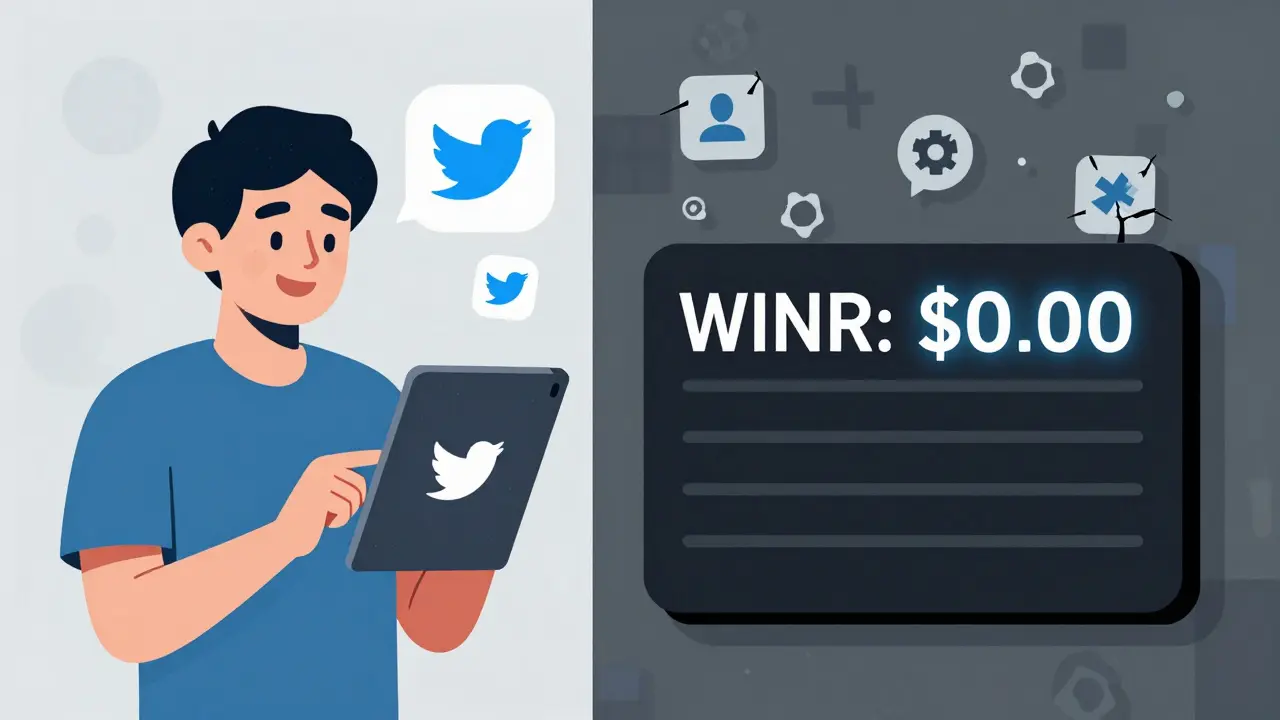 Ein Nutzer retweetet eine Airdrop-Ankündigung, während rechts eine leere Blockchain mit WINR-Preis von 0 USD angezeigt wird.