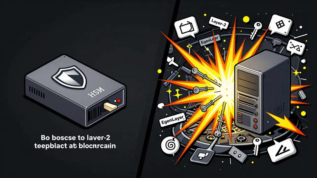 Ein sicheres Hardware-Wallet sendet sichere Signaturen, während ein fehlerhafter Server mehrere Netzwerke gleichzeitig abstürzt.