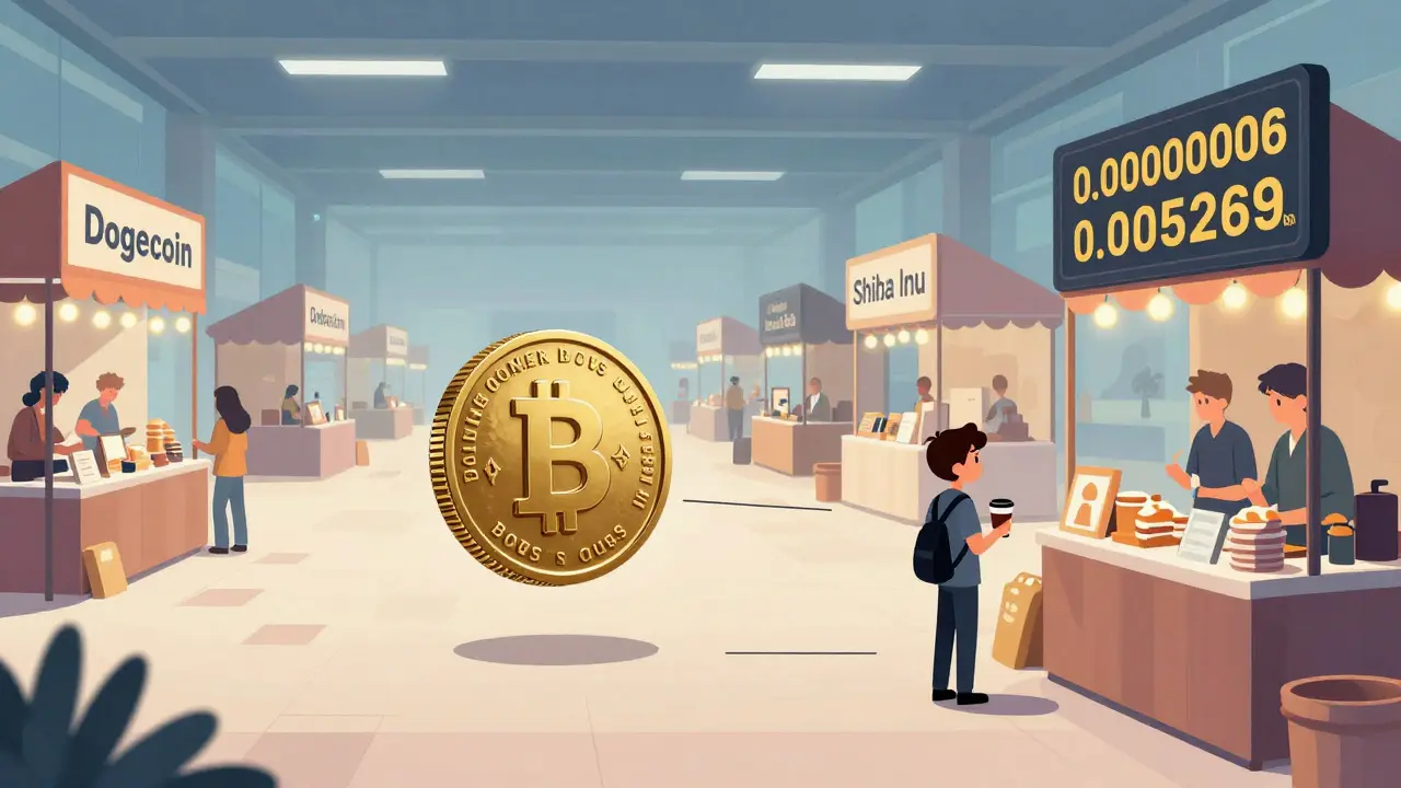 Ein winziger BOYS-Coin in einer leeren digitalen Markthalle, während andere Kryptowährungen florieren.