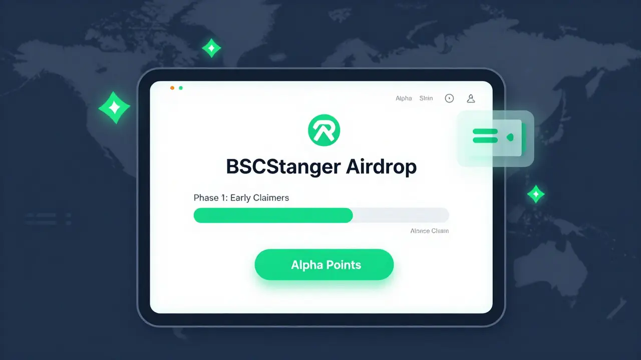 Eine digitale Airdrop-Oberfläche von BSCStarter mit Alpha-Punkten und Wallet-Verknüpfung.