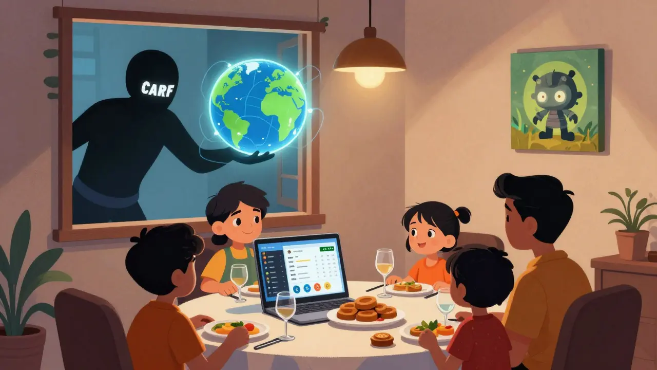 Eine Familie in Indien, die Kryptosteuer berechnet, während internationale Datenströme sie überwachen.