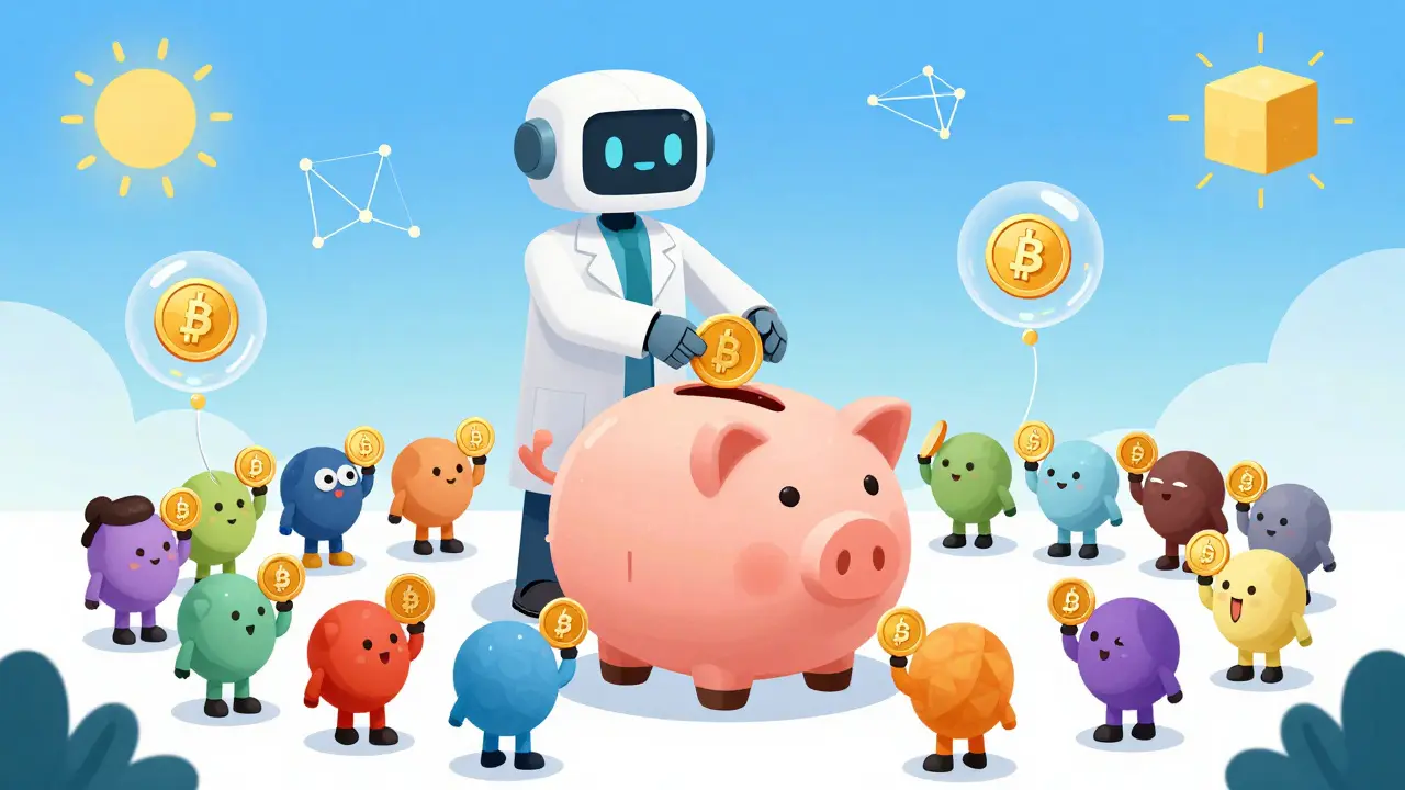 Eine Gemeinschaft von Personen, die ihre Kryptowährungen in einen gemeinsamen Staking-Pool einbringen, während ein Roboter Belohnungen verteilt.