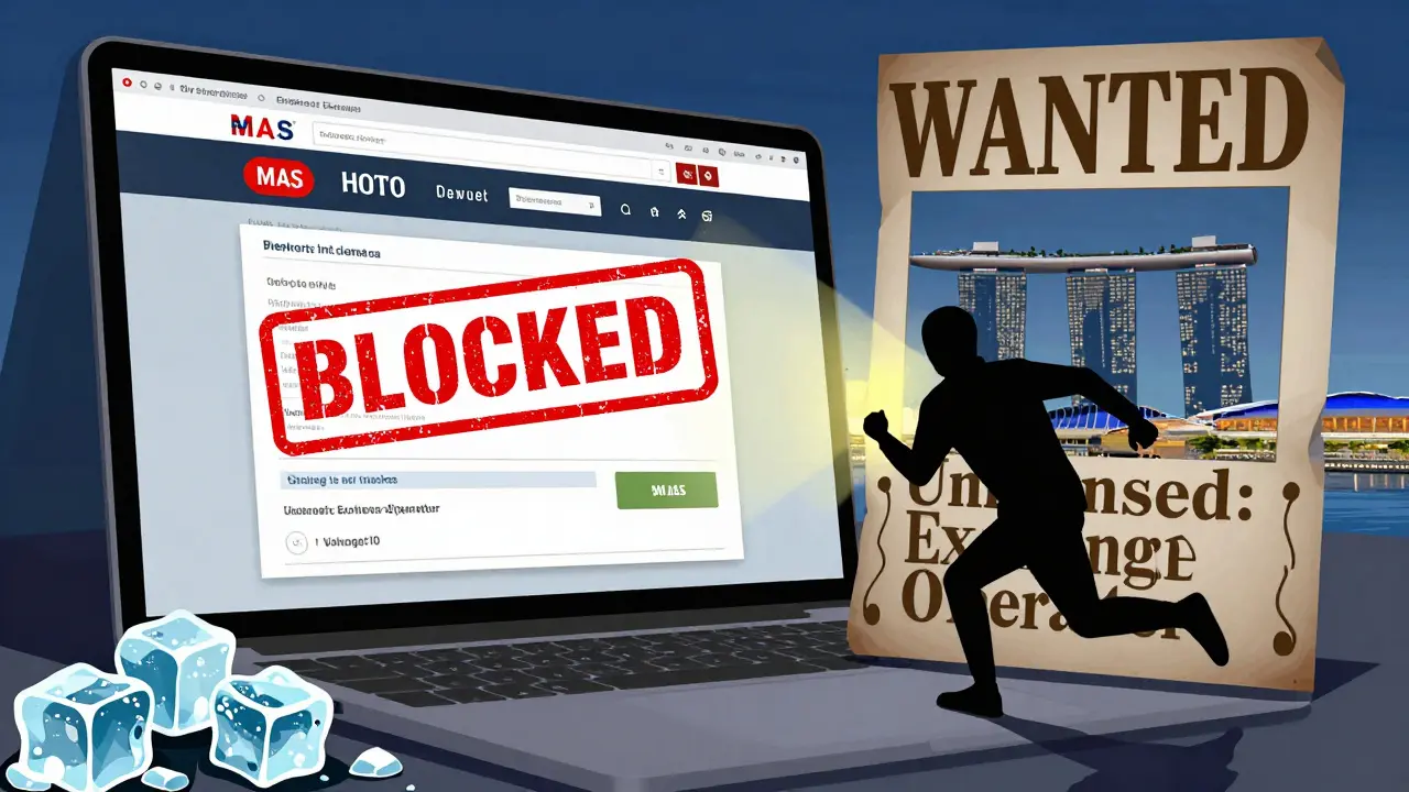 Eine gesperrte Krypto-Website, gefrorene Bankkonten und eine Suchmeldung für einen nicht lizenzierten Betreiber vor dem Hintergrund von Singapurs Skyline.