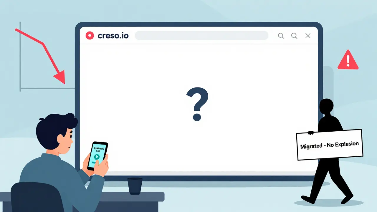 Eine leere Webseite mit 'creso.io' und ein verzweifelter Anleger vor fallenden Kursdiagrammen.