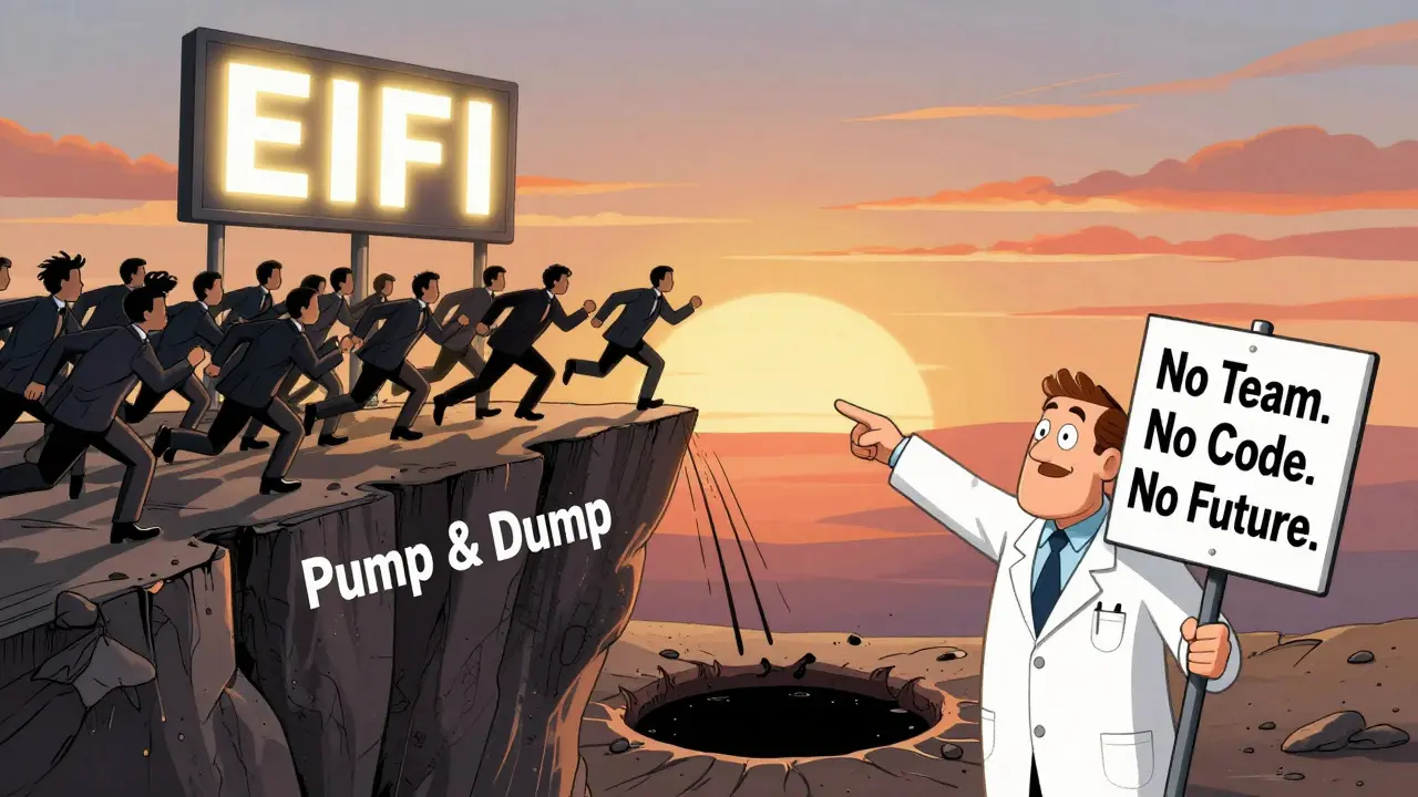 Eine Menge von Anlegern stürzt auf ein EIFI-Schild zu, während eine weise Figur vor der Gefahr eines Pump-and-Dump-Wahns warnt.