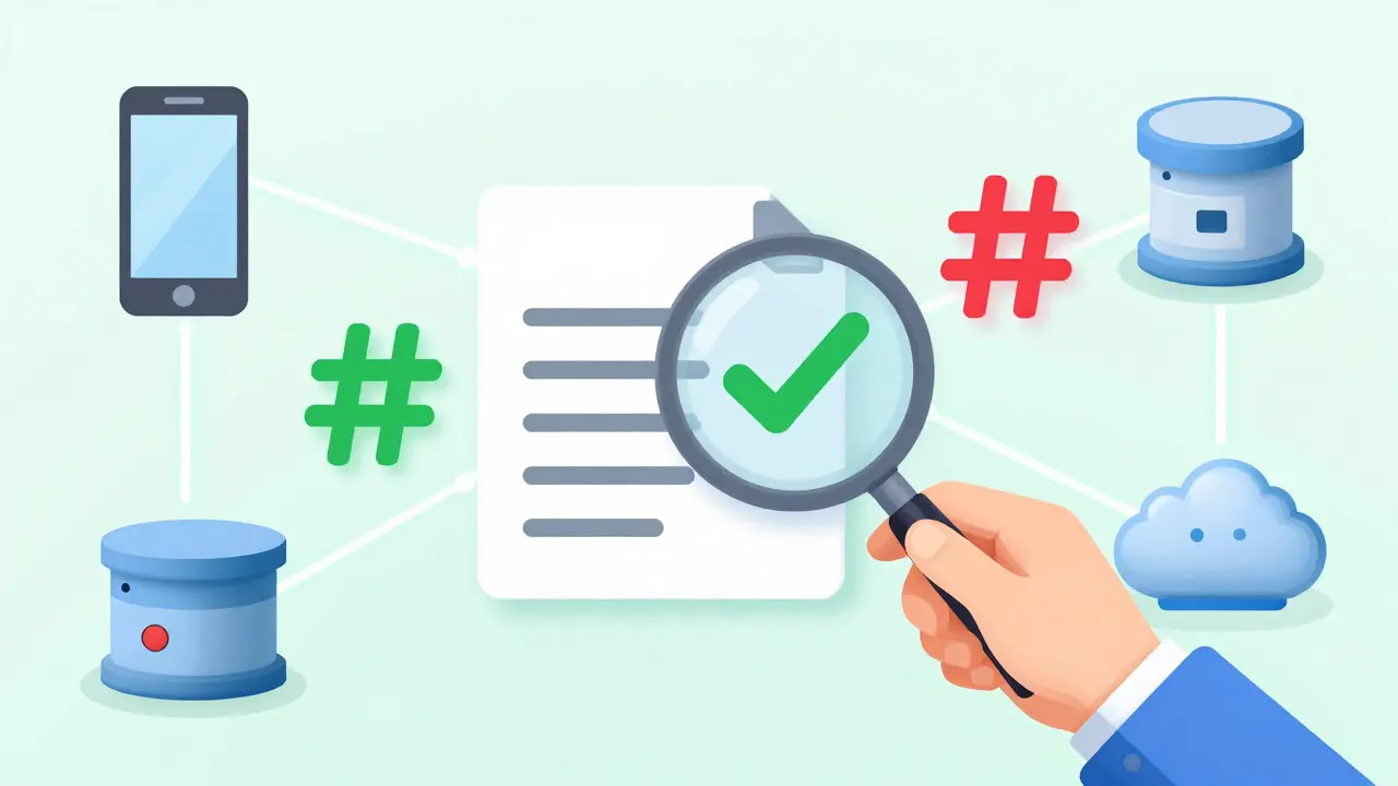 Eine Person vergleicht zwei Hash-Werte, um die Integrität einer heruntergeladenen Datei zu prüfen.