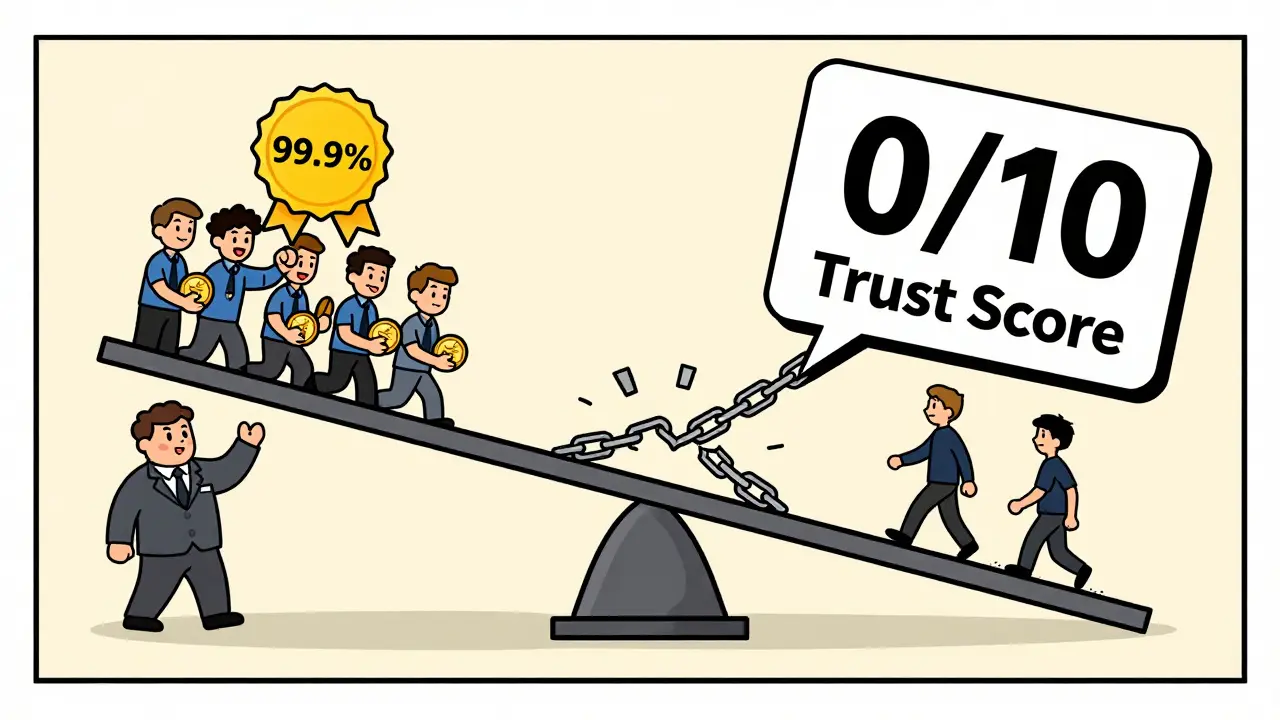 Eine Waage zeigt Vertrauen vs. Absturz: Ein vertrauenswürdiger Validator gewinnt, ein abgestrafter verliert Anleger.