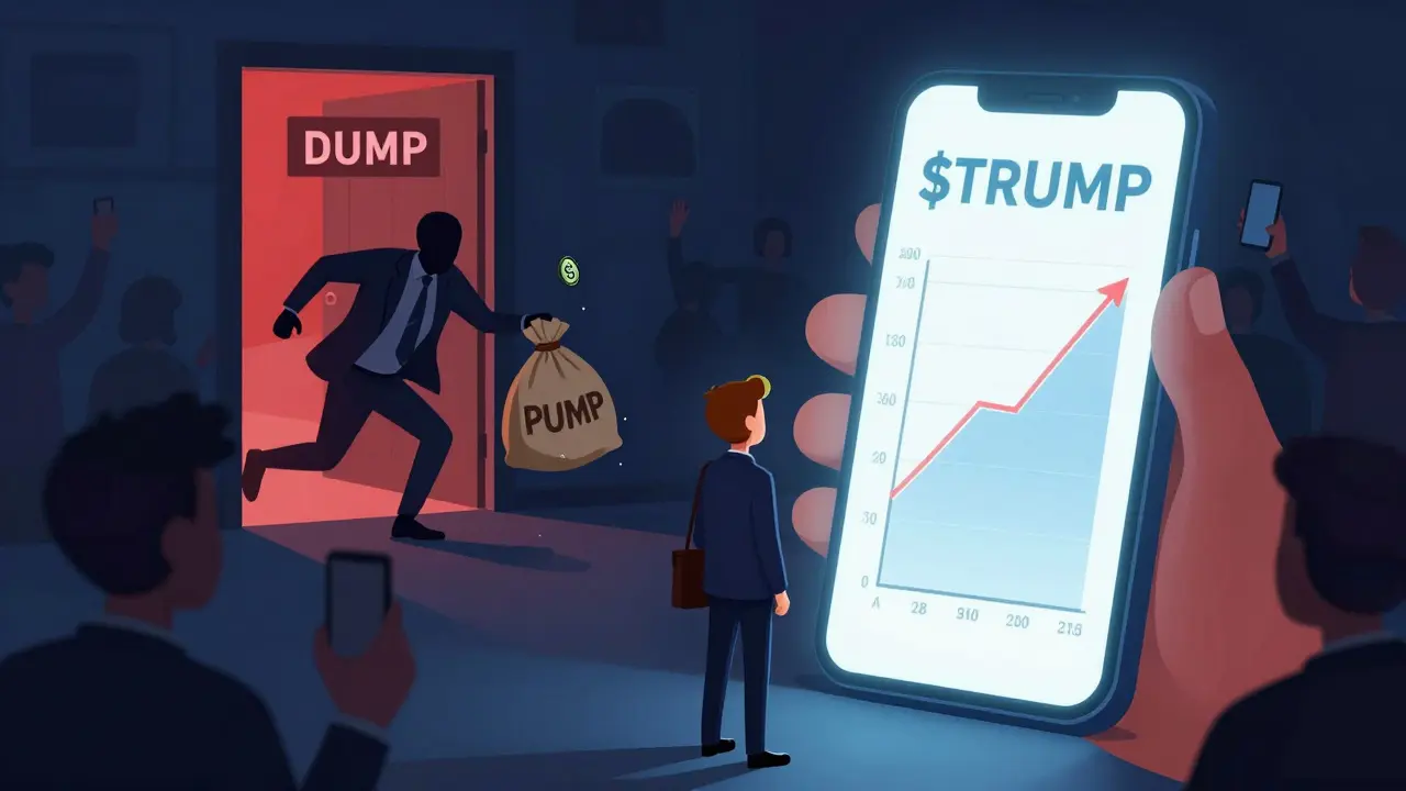 Investor fascinated by a rising $TRUMP coin chart while a fraudster escapes with cash.
