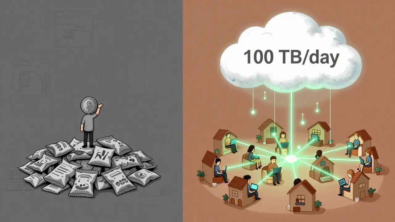 Links: Ein Nutzer mit leeren Snacktüten und Charts; rechts: Tausende Nutzer verbunden mit einer riesigen Datenwolke, stilisiert als Illustration.