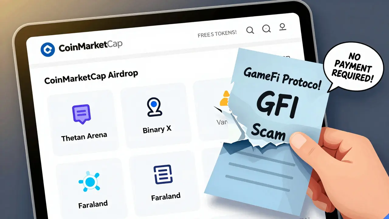 Offizielle CoinMarketCap-Airdrop-Seite mit echten Projekten neben einem zerrissenen Betrugsplakat mit 'GameFi Protocol'.