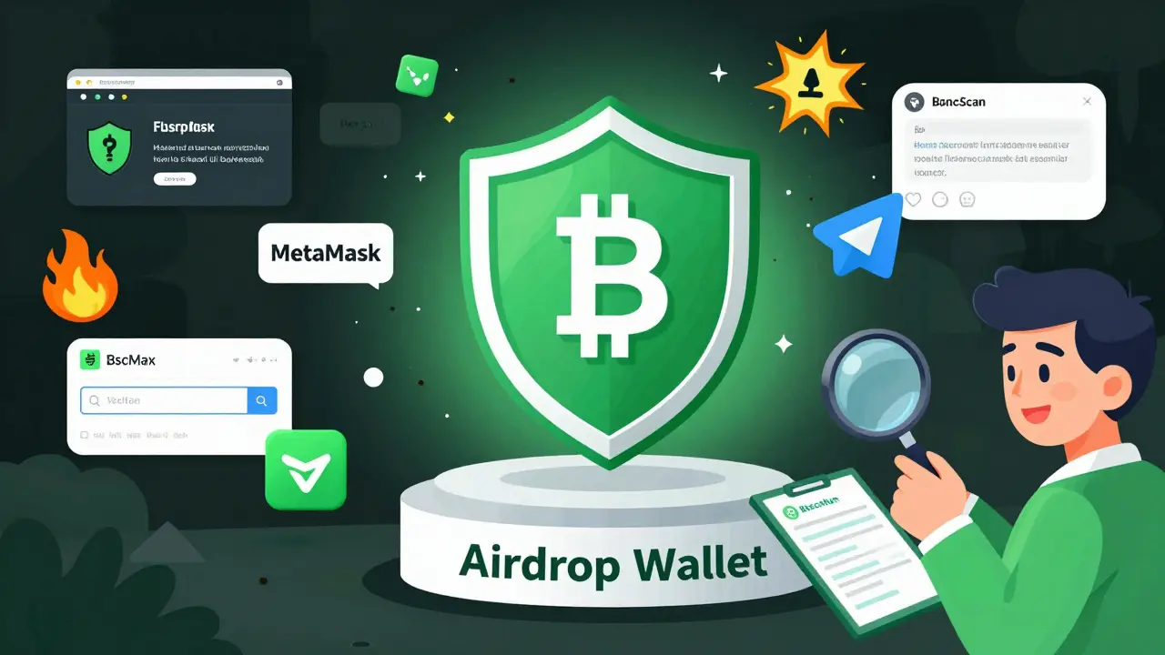 Sichere Airdrop-Wallet mit kleinem Gas-Betrag, umgeben von zerstörten Betrugsseiten und einer verifizierten Smart Contract-Ansicht.