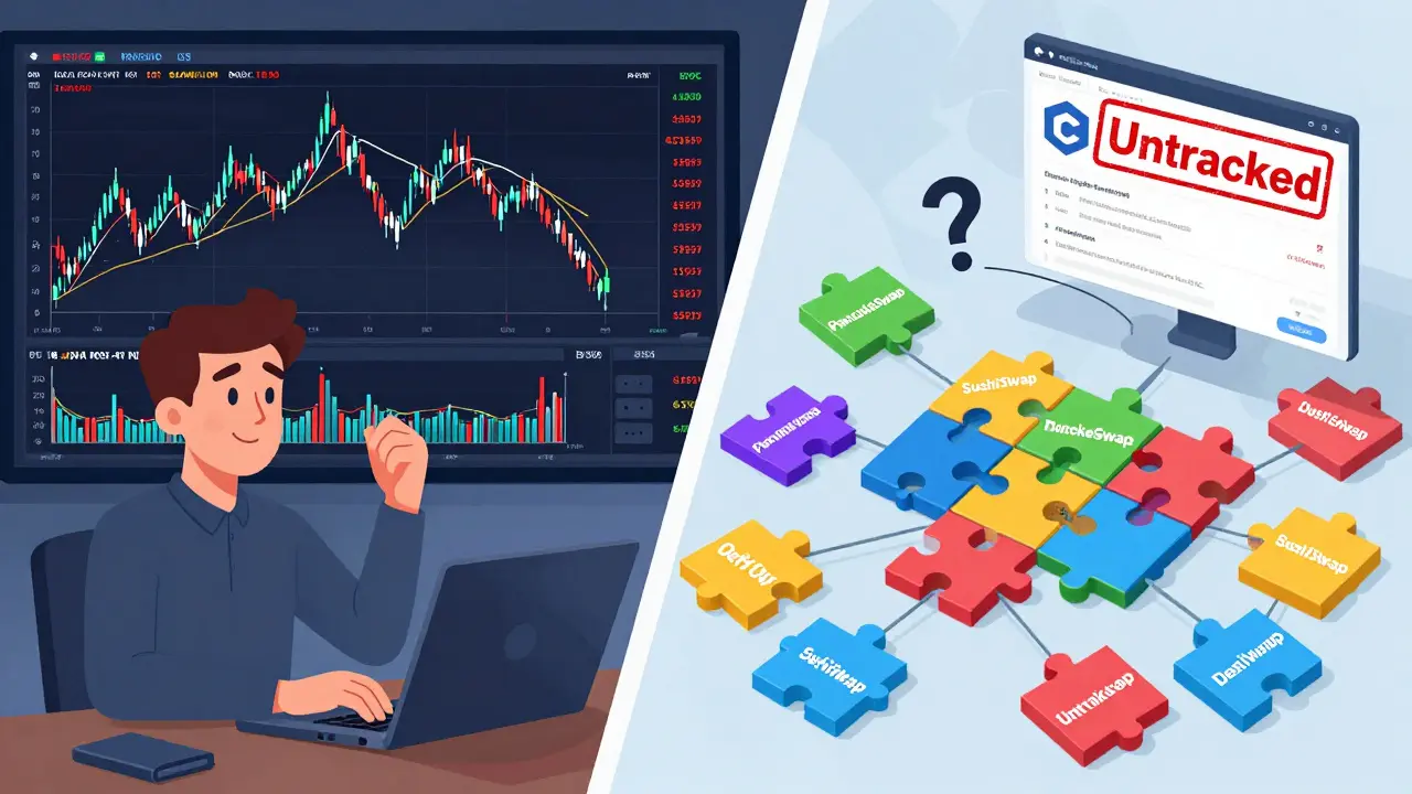 Trader analysiert K-Line-Charts links, während Liquidity von sieben DeFi-Plattformen rechts in Newdex zusammenfließt.