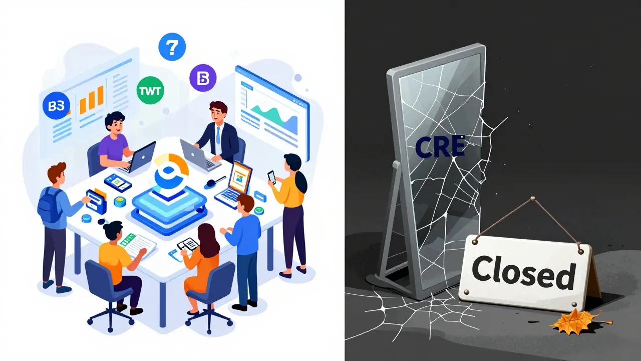 Vergleich: Eine lebendige Krypto-Wallet-Ökosystemseite gegenüber einer verlassenen, verstaubten Hülle von CRE.