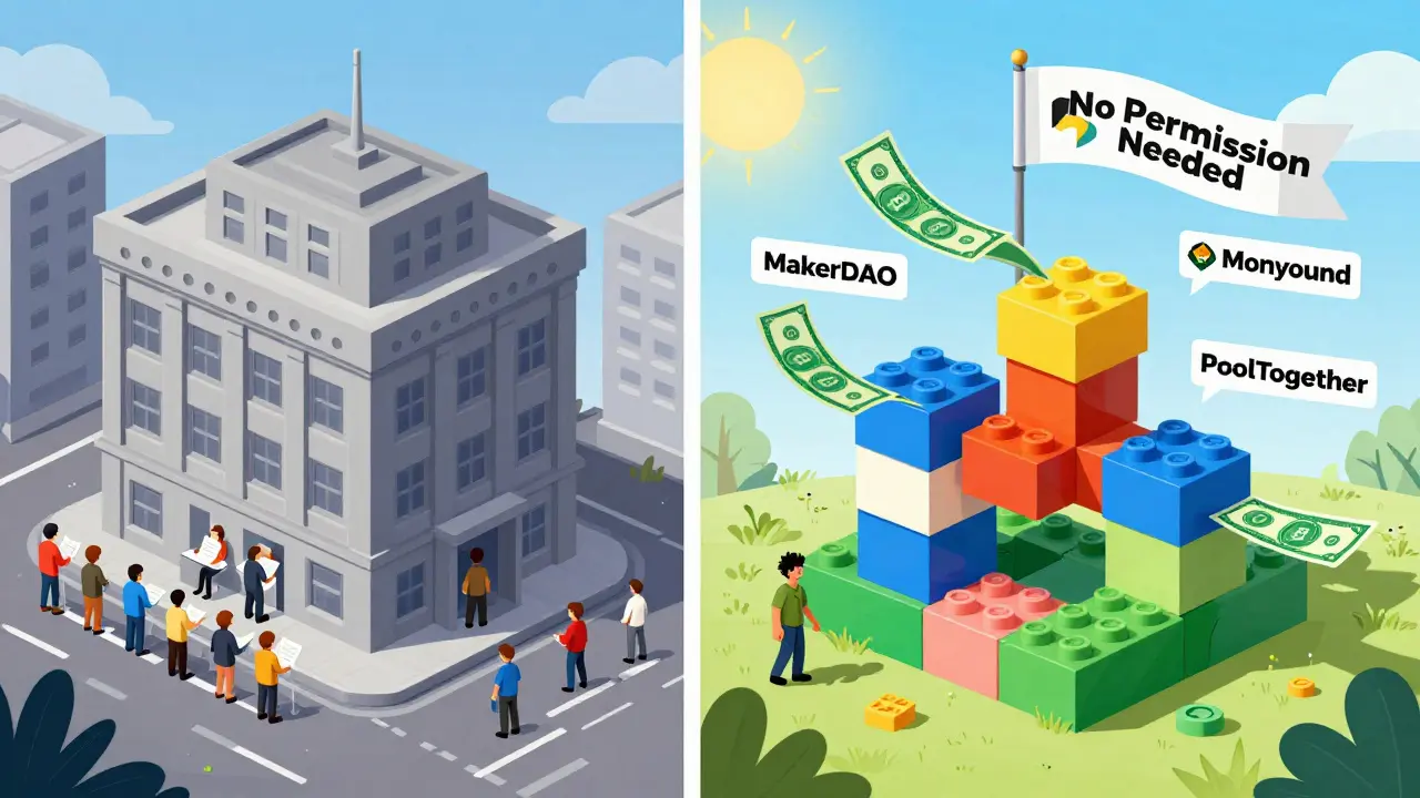 Vergleich: traditionelle Finanzen mit langen Warteschlangen vs. modulare DeFi-Bausteine.