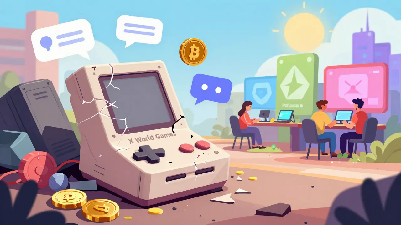 Verlassene XWG-Spielekonsole in einem Müllhaufen veralteter Krypto-Projekte, während neue Spiele aktiv gespielt werden.