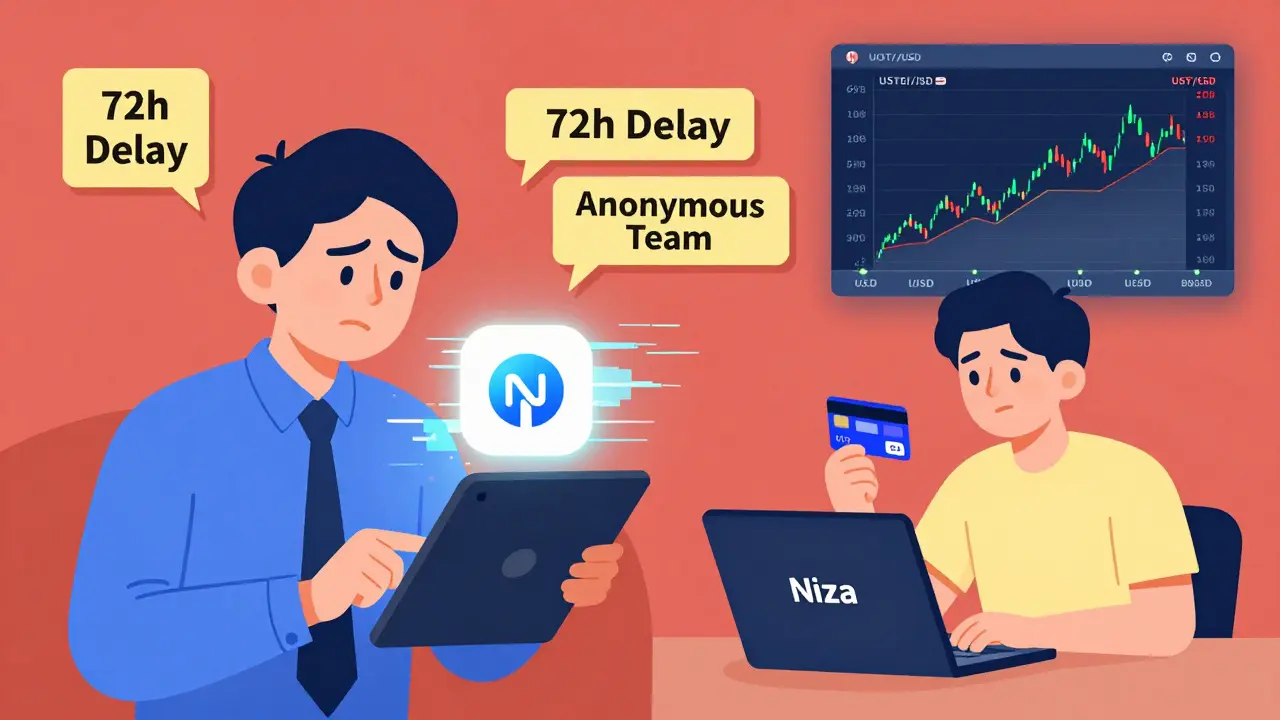 Verzweifelter Trader mit abstürzender App, neben einem ruhigen Freelancer, der mit Niza-Karte zahlt.