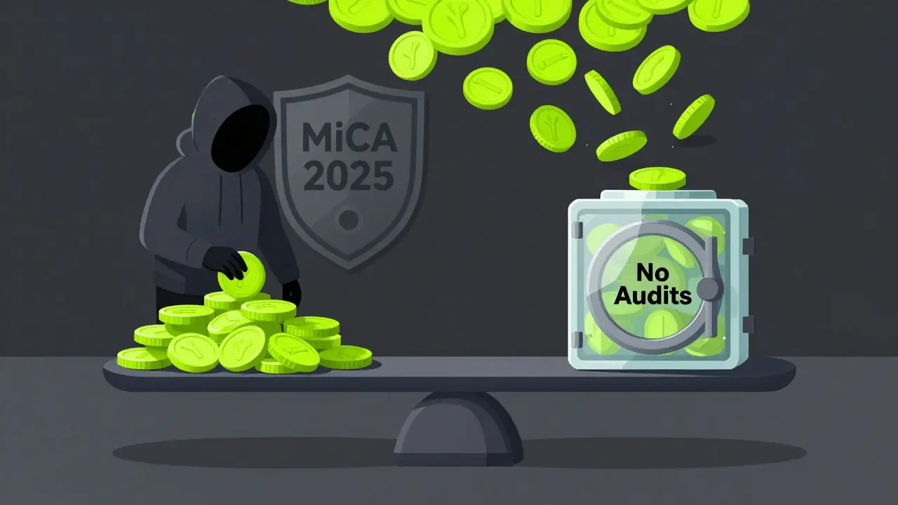 Waage mit NIZA-Münzen und einem unsichtbaren Vault, während eine Regulierungsbehörde herabsinkt.