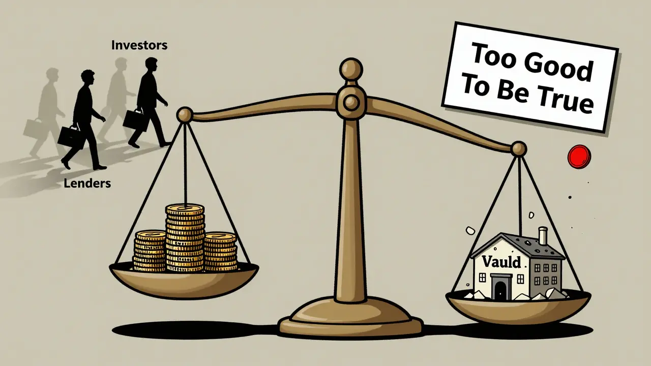 Waage mit Nutzergeldern auf einer Seite, einer zerbrechenden Vauld-Bank auf der anderen — Investoren gehen mit Geldbeuteln davon.