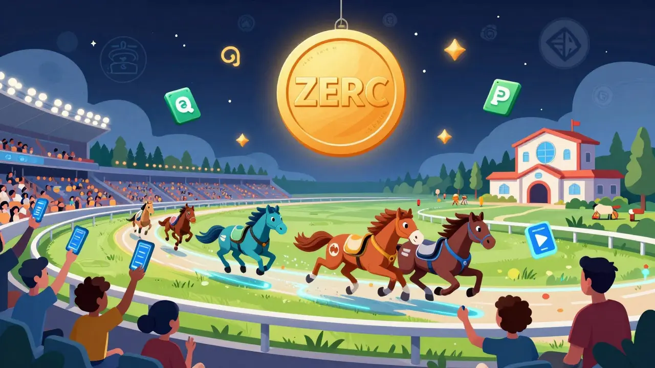 ZERC-Metaverse-Arena mit rennenden NFT-Pferden, Belohnungen und Base-Blockchain-Hintergrund in lebhafter Illustration.