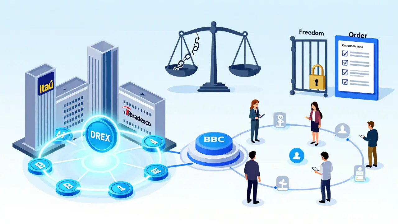 Zwei Seiten: Banken nutzen DREX für Institutionen, Bürger nutzen regulierte Krypto-Plattformen unter Aufsicht der Zentralbank.