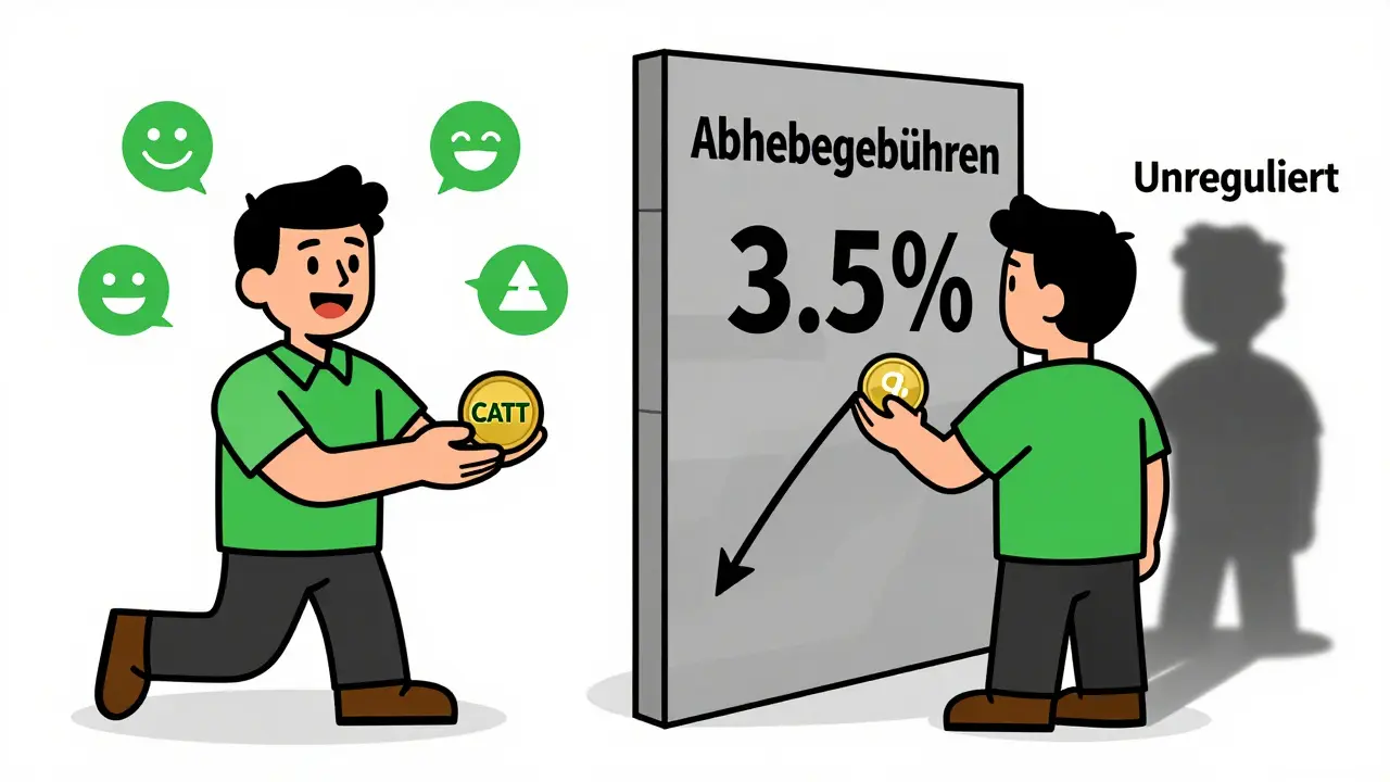 Zwei Seiten eines Traders: Einnahmen durch CATT-Tokens auf der einen, hohe Abhebegebühren auf der anderen.